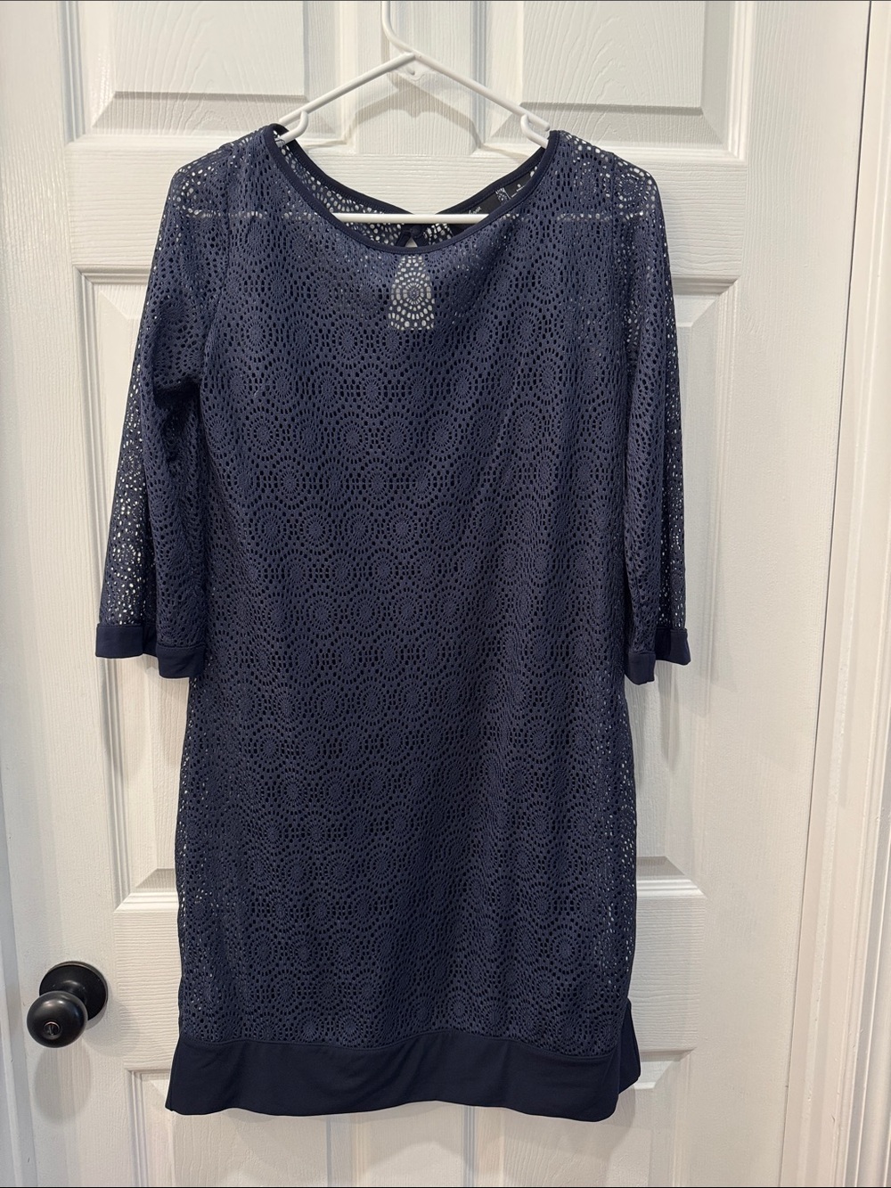 Nina Leonard Navy Crochet Lace Shift Dress
